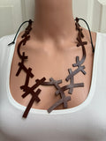 Artisan Dark Brown Interlocking Cross Bib Necklace on Black Cord