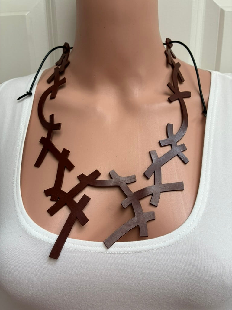 Artisan Dark Brown Interlocking Cross Bib Necklace on Black Cord