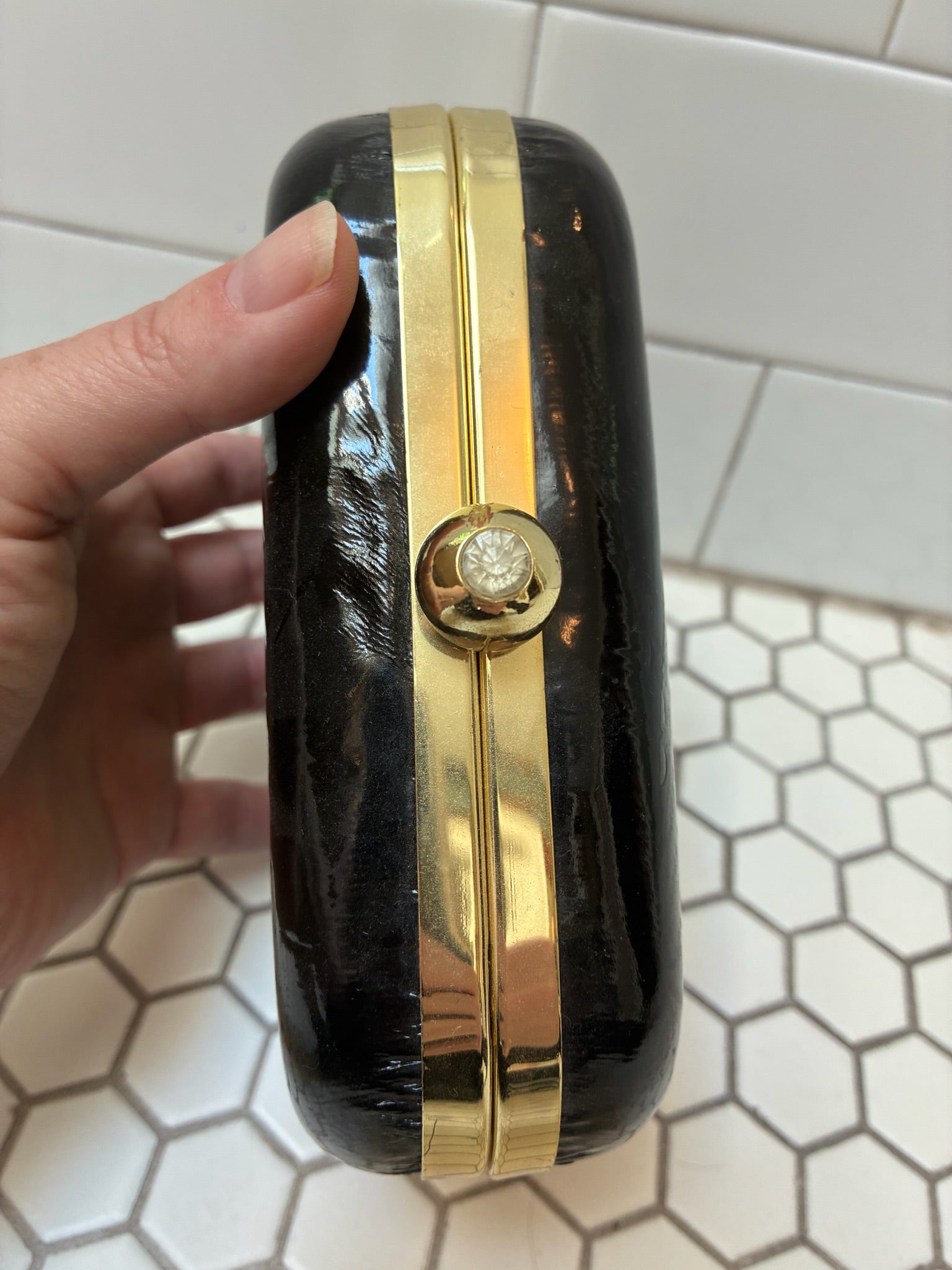 "Happy" Patent Black & Gold Minaudière Clutch