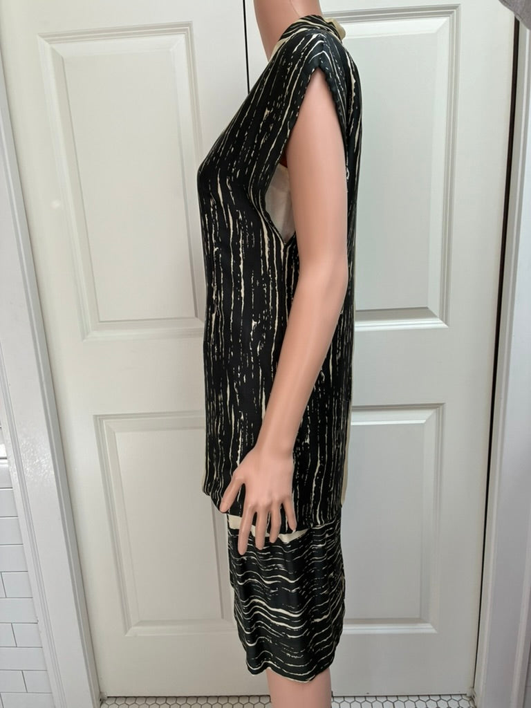 Vintage 1960s Abstract Brushstroke Two-Piece Set | Tunic & Pencil Skirt | Black & Cream | Size 4