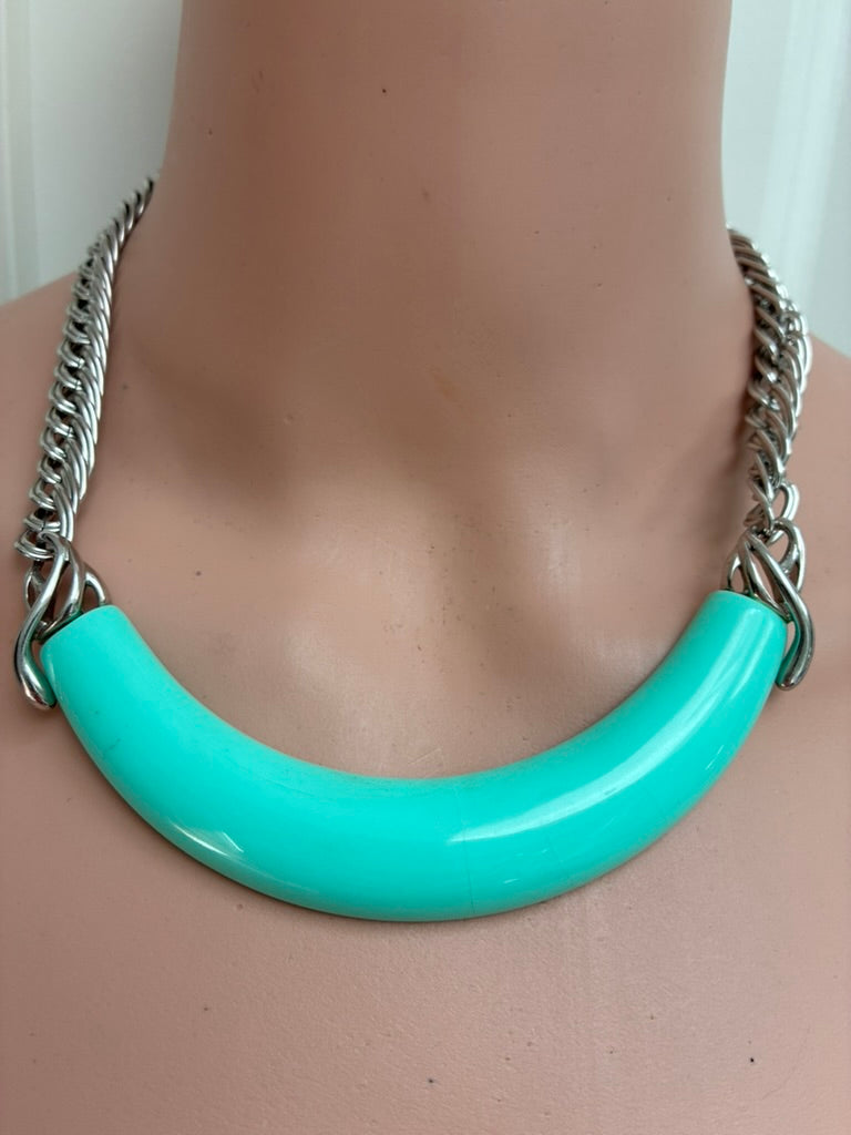 Vintage Mint Green Enamel Bar Necklace with Silver Curb Chain