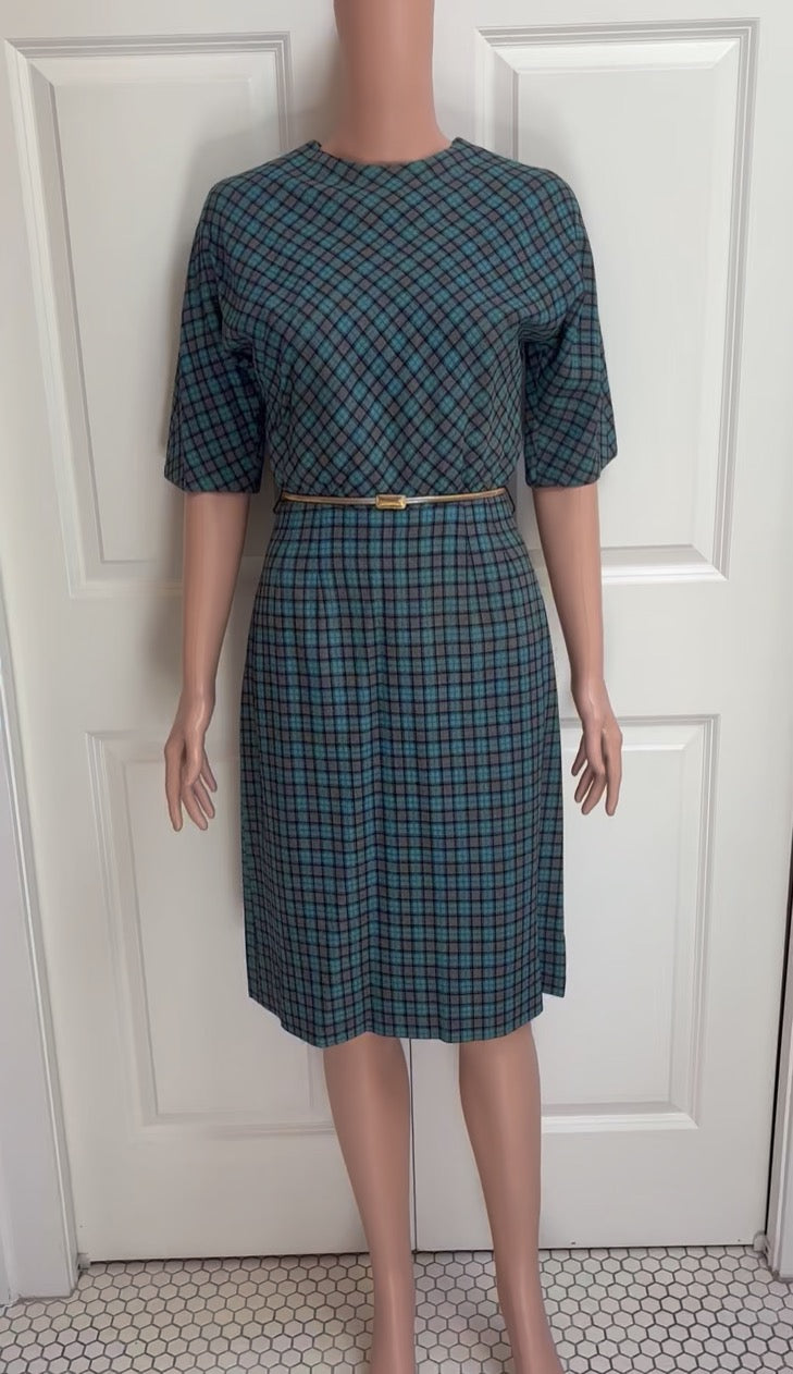 Vintage Teal Plaid Belted Sheath Dress
