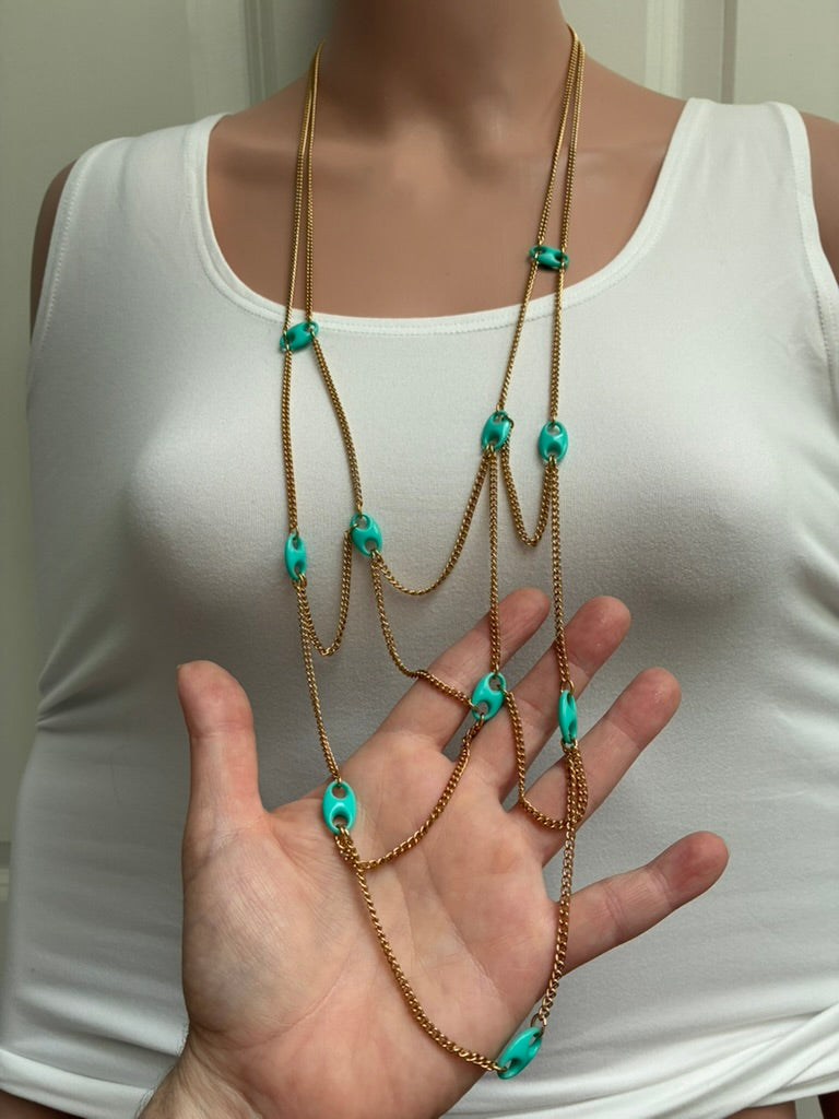 Vintage Multi-Strand Draped Chain Necklace — Turquoise Enamel Mariner Links
