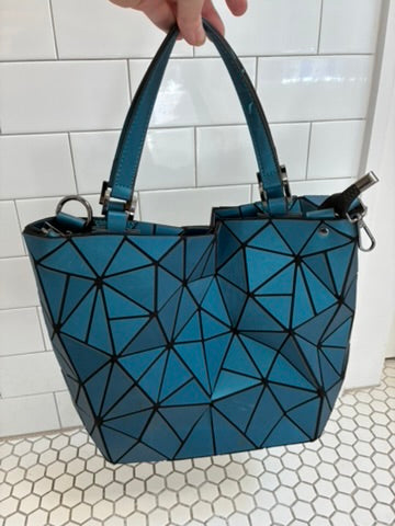 Geometric Faceted Iridescent Teal Tote Bag | Bao Bao Style | Zip Top | Dual Handles