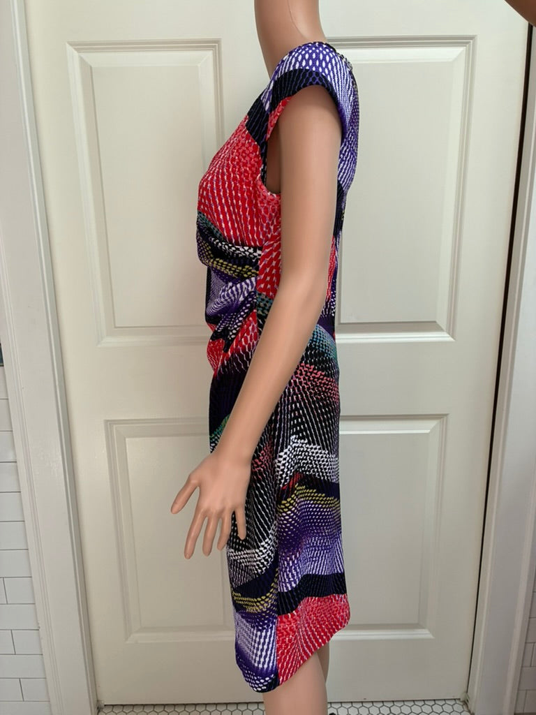 Vespar Multi-Pattern Bodycon Midi Dress | Purple, Red & Teal Chevron | Cap Sleeve | Size L