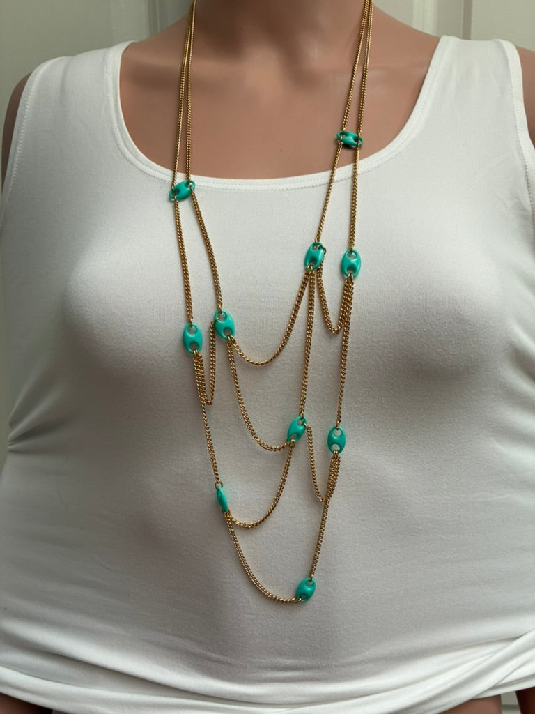 Vintage Multi-Strand Draped Chain Necklace — Turquoise Enamel Mariner Links