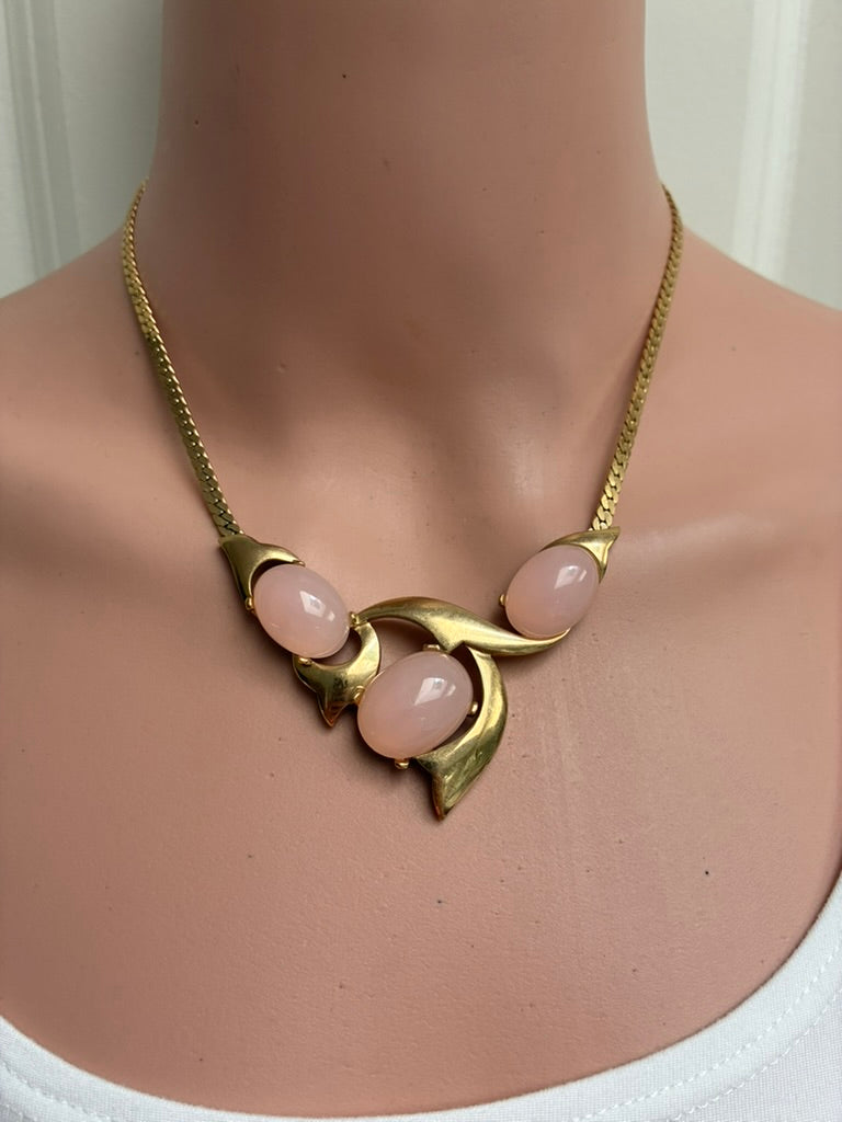 Vintage Gold Sculptural Bib Necklace — Triple Pink Cabochon Stones