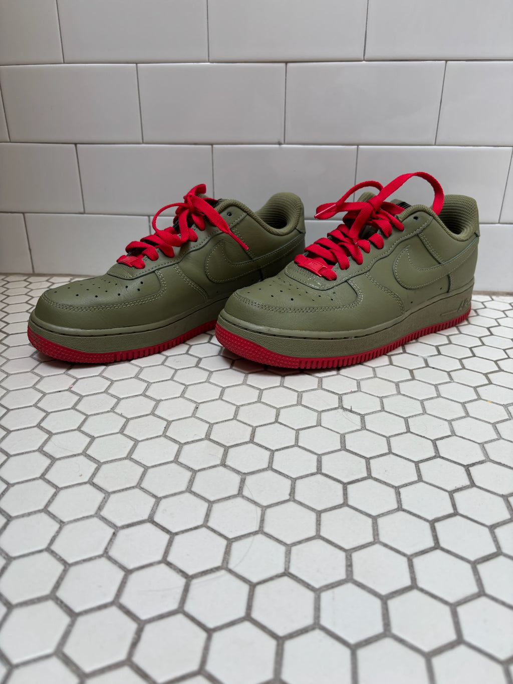 Custom Red Bottom Nike Air Force 1 Low — Olive Green & Red, Size 8.5