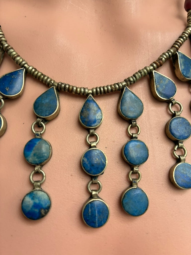 Vintage Tribal Lapis Lazuli Cascade Bib Necklace with Brass Rondelle Chain