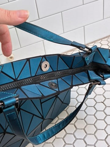 Geometric Faceted Iridescent Teal Tote Bag | Bao Bao Style | Zip Top | Dual Handles