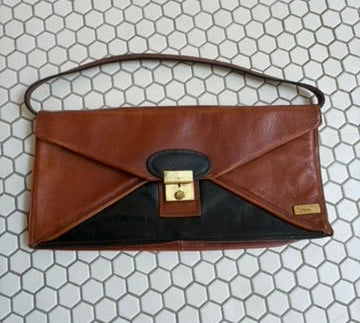 Vintage Linea Piero Italian Genuine Leather Two-Tone Envelope Clutch | Cognac & Black | Brass Lock