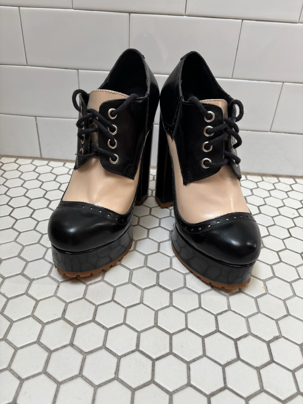 Jeffrey Campbell Black & Nude Lace-Up Platform Heels — 6" Platform, Size 8.5