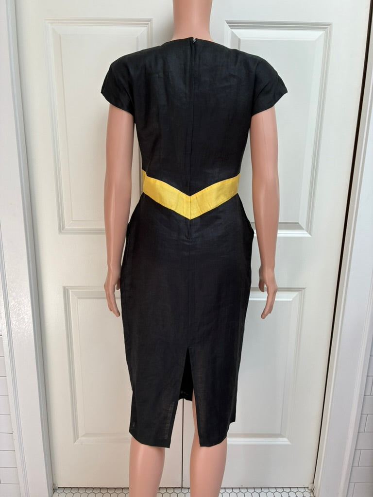 Wonderland Vintage 1980s Black Linen Dress with Yellow Chevron Waist