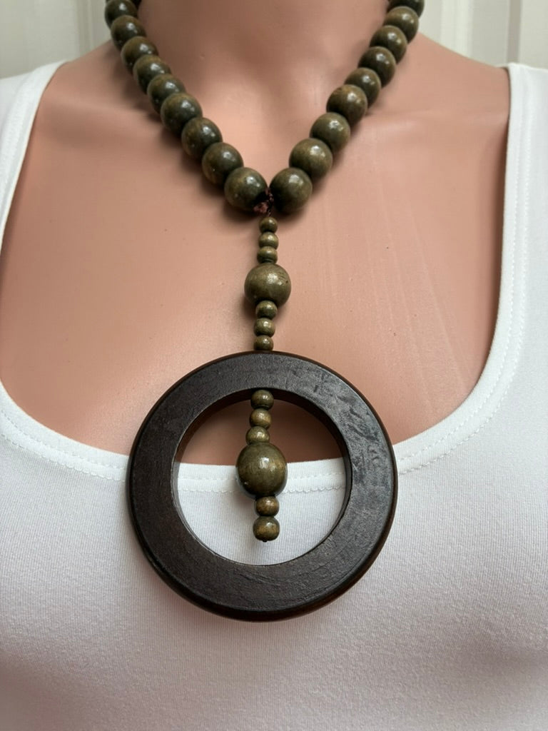 Vintage Olive Green Graduated Bead Necklace with Oversized Dark Wood Ring Pendant