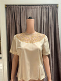 Vintage 1970s Cream Silk Polyblend Lace Detail Blouse | Back Button | Short Sleeve