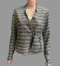 A women's zip-front jacket with horizontal metallic stripes in silver, gray, and black, displayed on a mannequin torso in front of brown curtains.