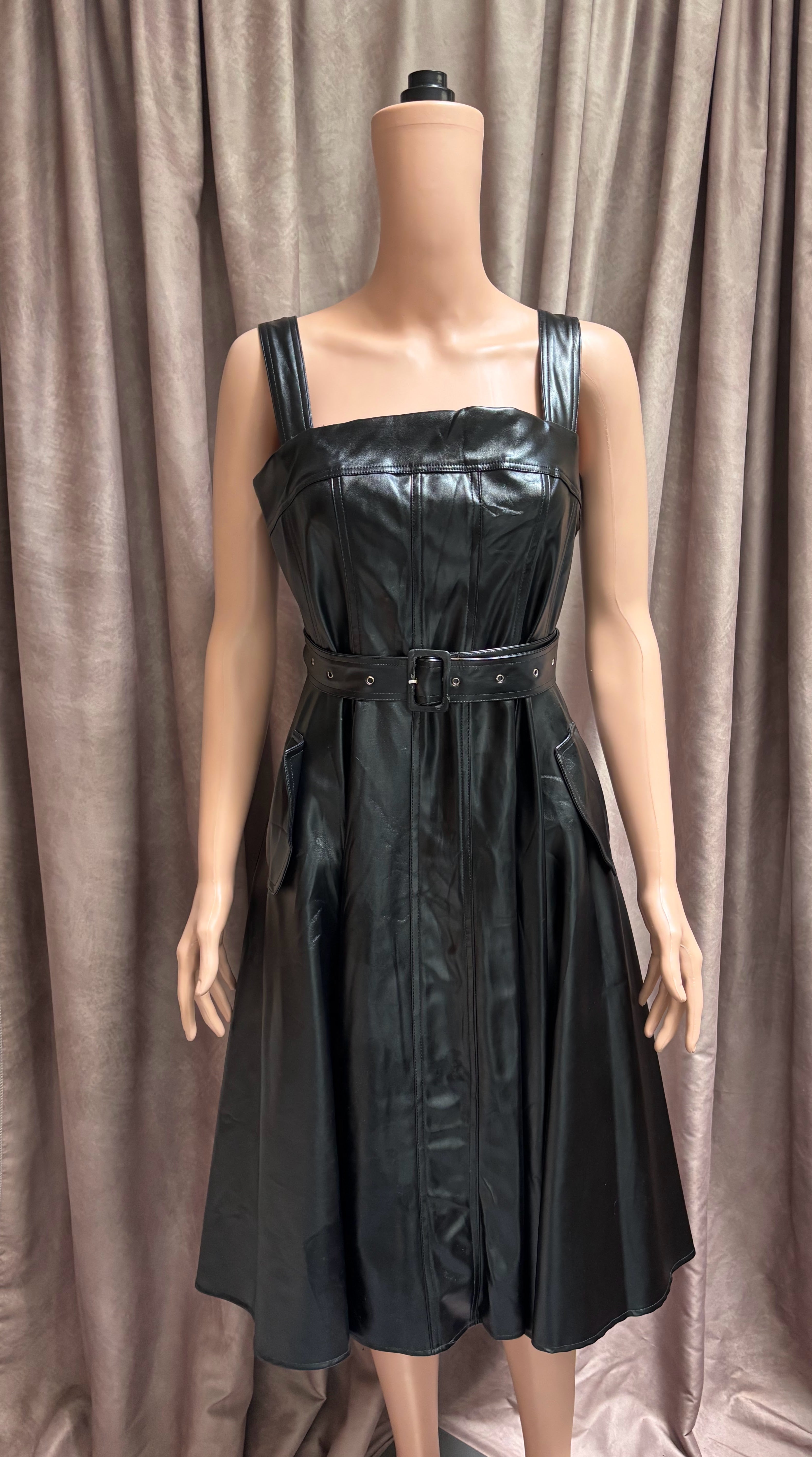 Why Dress? Black Faux Leather Belted A-Line Midi Dress