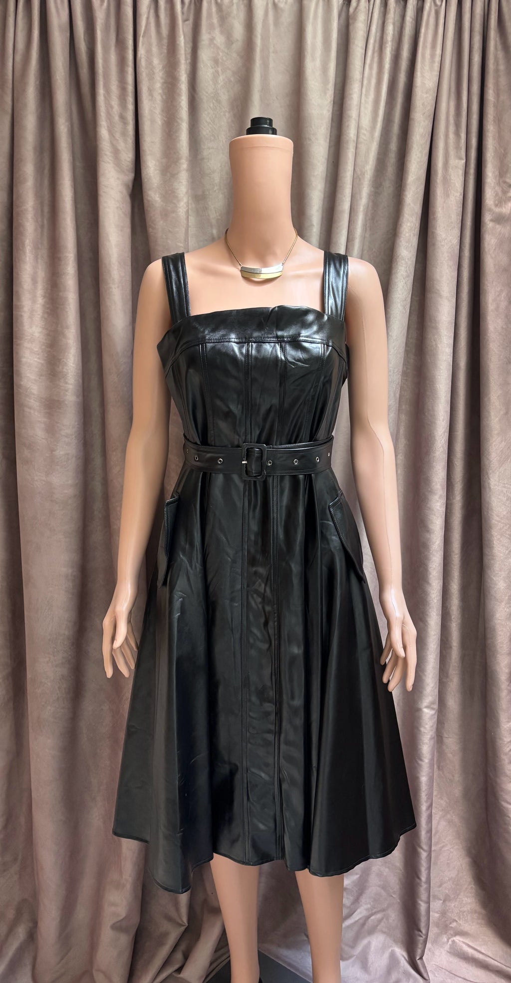 Why Dress? Black Faux Leather Belted A-Line Midi Dress