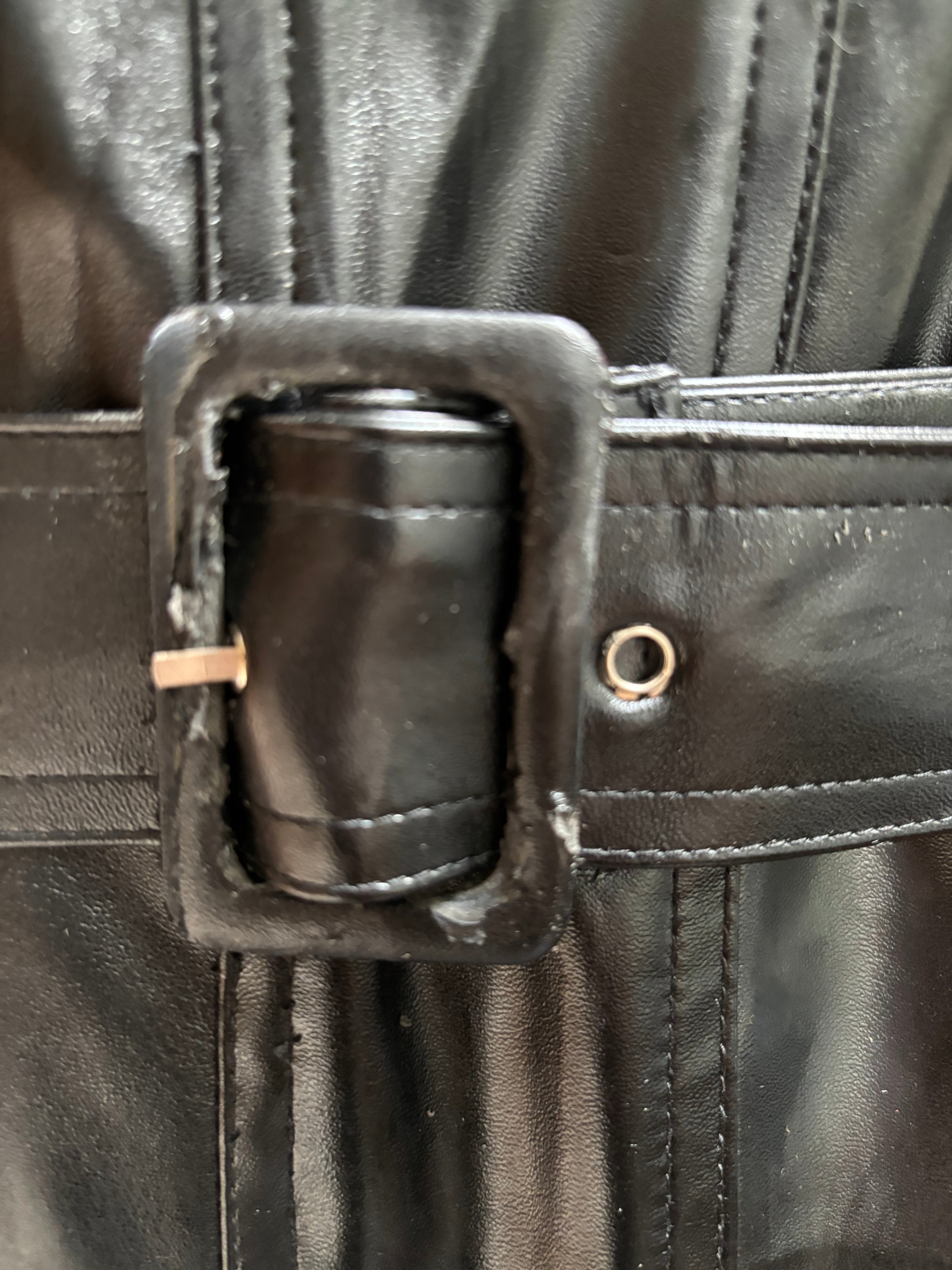 Why Dress? Black Faux Leather Belted A-Line Midi Dress