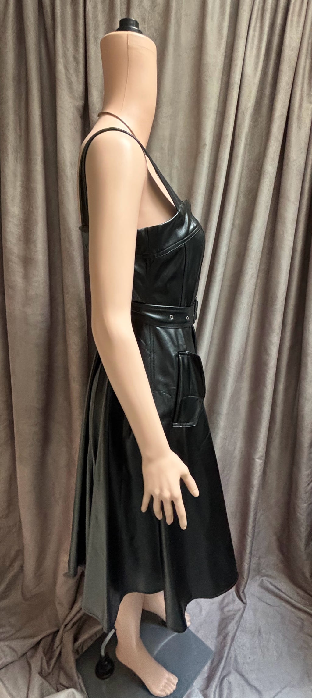 Why Dress? Black Faux Leather Belted A-Line Midi Dress