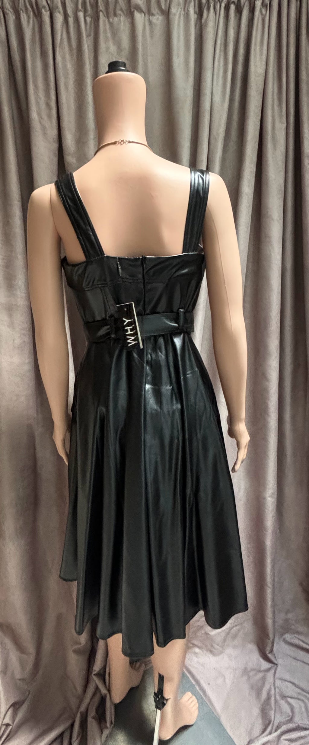 Why Dress? Black Faux Leather Belted A-Line Midi Dress