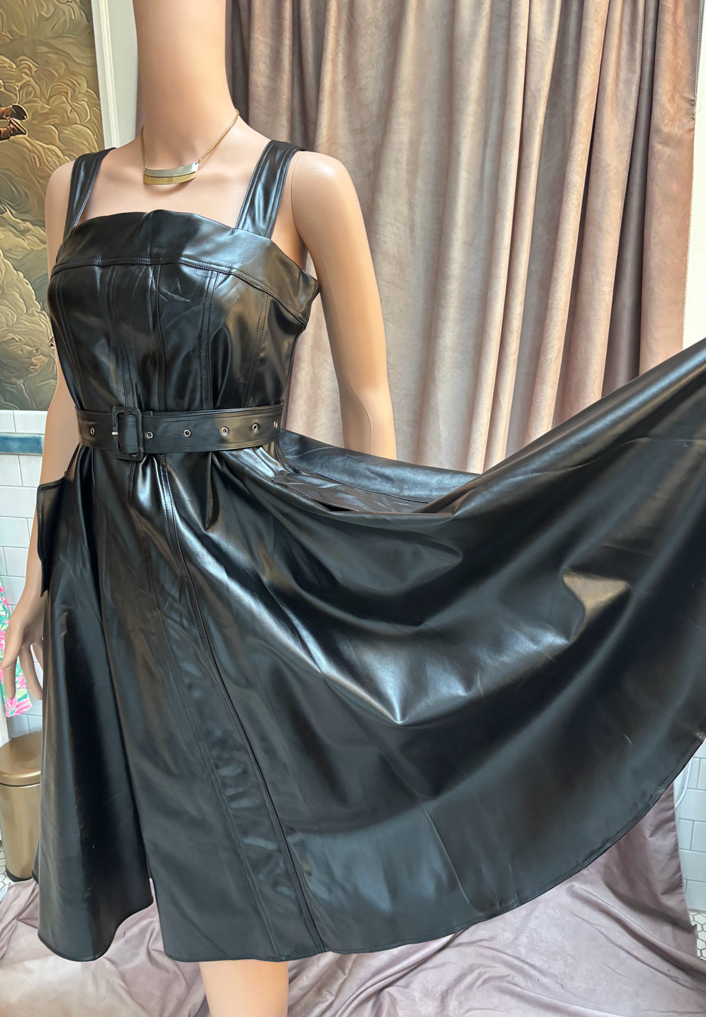Why Dress? Black Faux Leather Belted A-Line Midi Dress