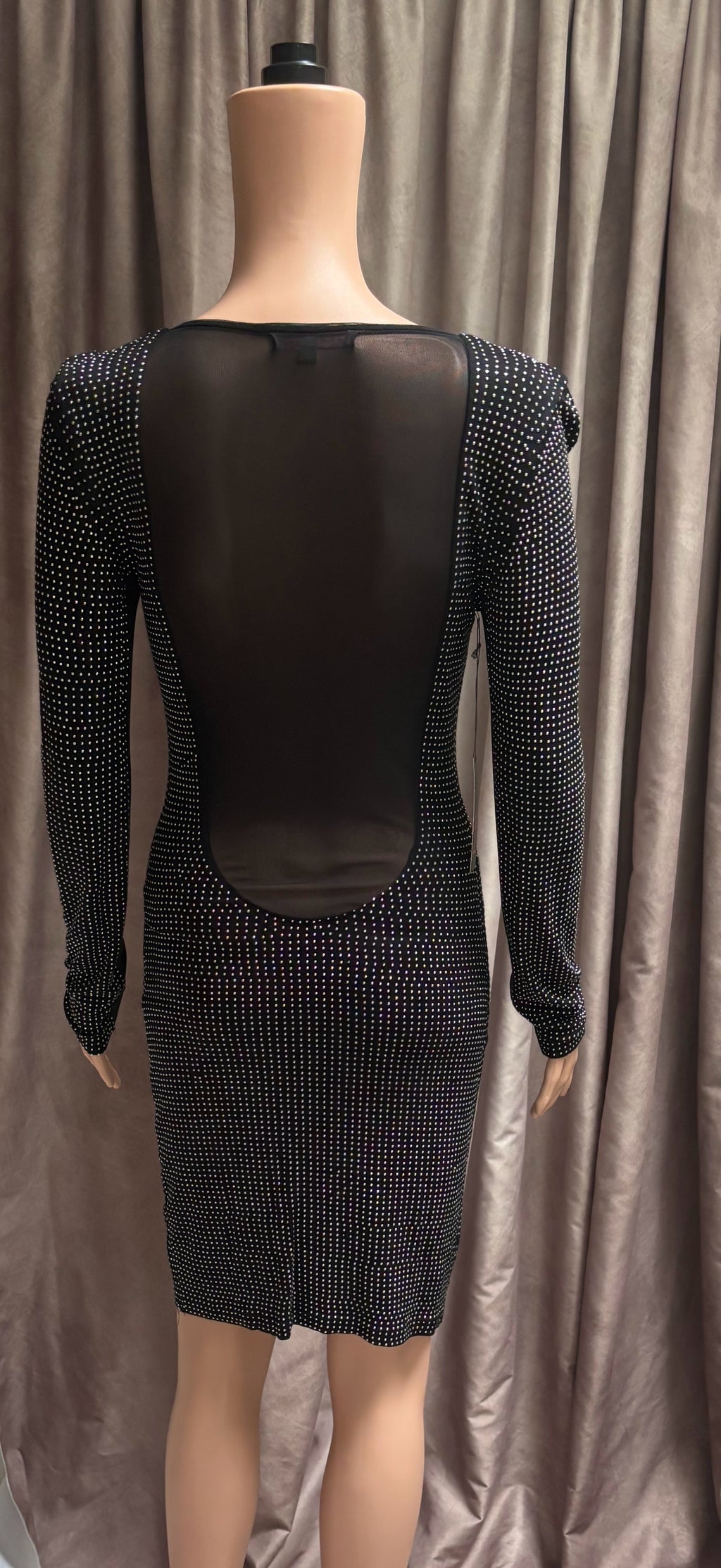 Black Silver Studded Open Back Mesh Bodycon Dress