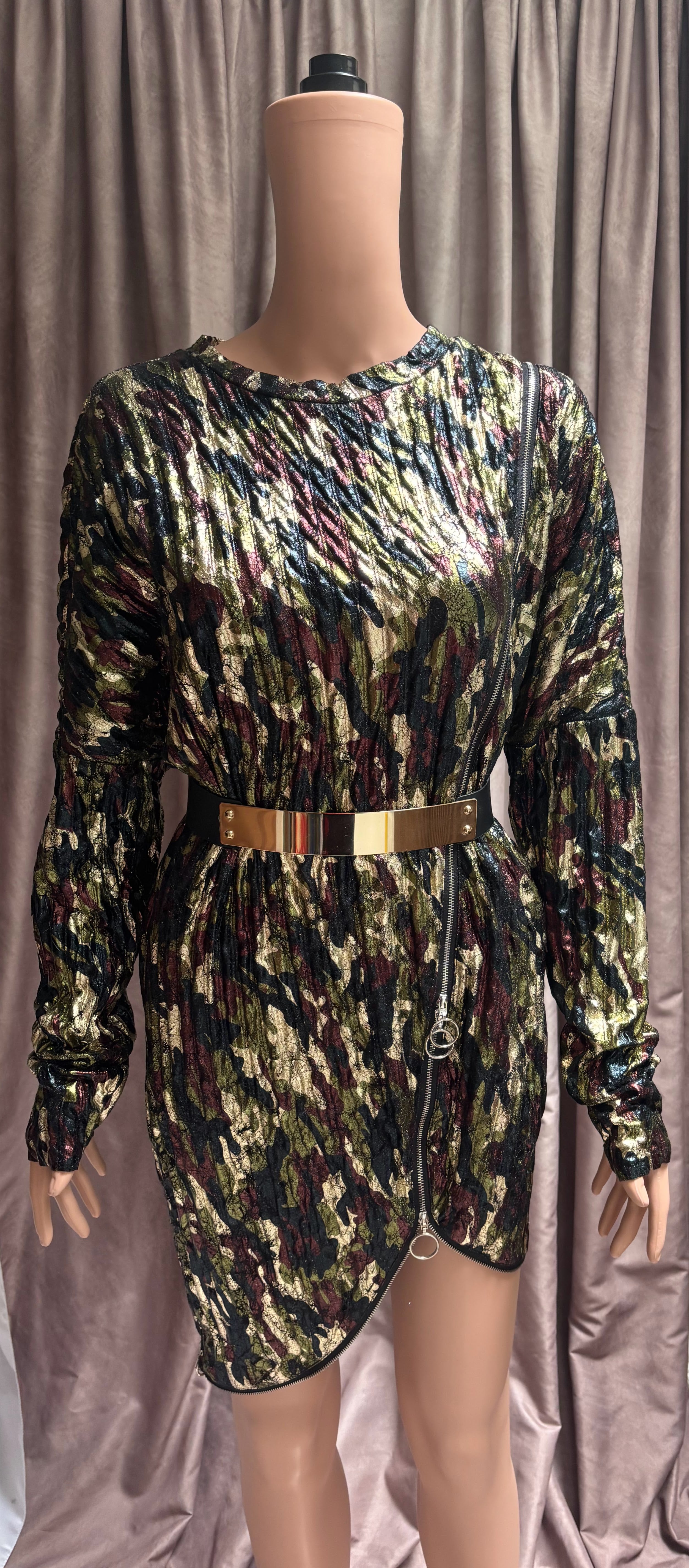 Metallic Camo Long Sleeve Mini Dress by TOV
