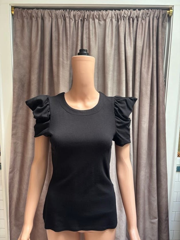 French Connection Black Ruffle Puff Sleeve Cotton Top