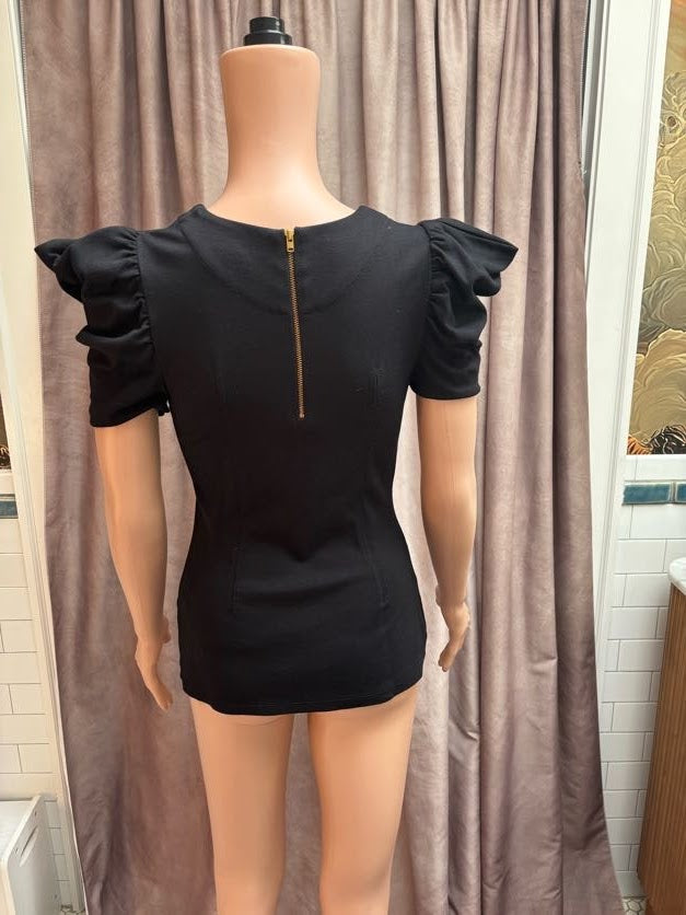 French Connection Black Ruffle Puff Sleeve Cotton Top