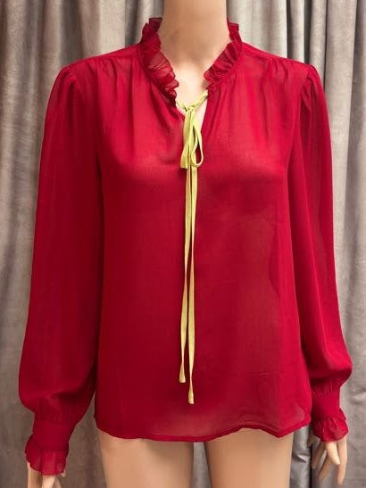 Vintage 1980s Crimson Sheer Ruffle Neck Blouse with Yellow Drawstring