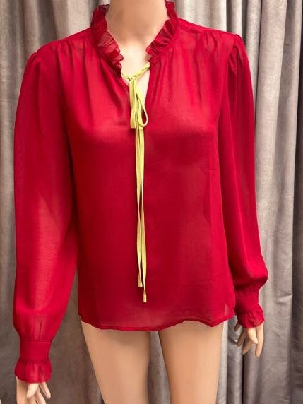 Vintage 1980s Crimson Sheer Ruffle Neck Blouse with Yellow Drawstring
