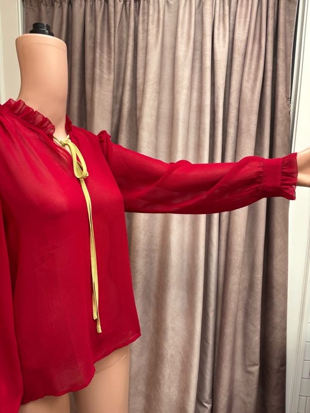 Vintage 1980s Crimson Sheer Ruffle Neck Blouse with Yellow Drawstring