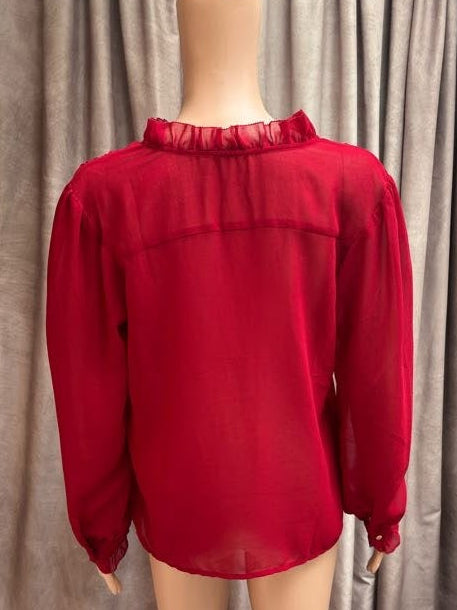 Vintage 1980s Crimson Sheer Ruffle Neck Blouse with Yellow Drawstring