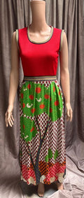 Red Sleeveless and Printed Skirt Dress | Matching Shawl |Vintage 70s