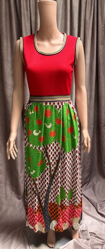 Red Sleeveless and Printed Skirt Dress | Matching Shawl |Vintage 70s