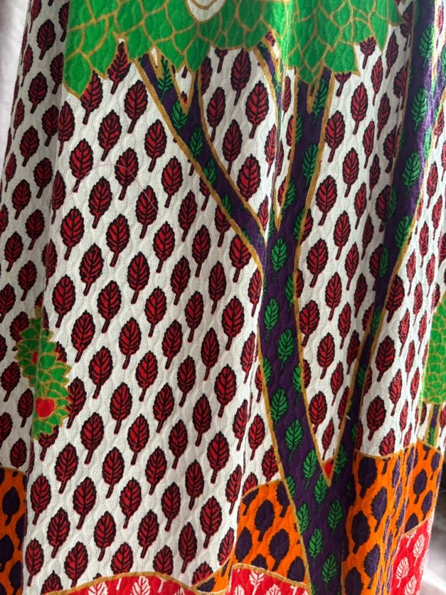 Red Sleeveless and Printed Skirt Dress | Matching Shawl |Vintage 70s