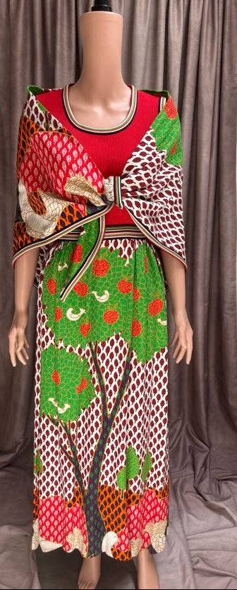 Red Sleeveless and Printed Skirt Dress | Matching Shawl |Vintage 70s