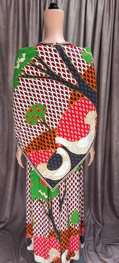 Red Sleeveless and Printed Skirt Dress | Matching Shawl |Vintage 70s