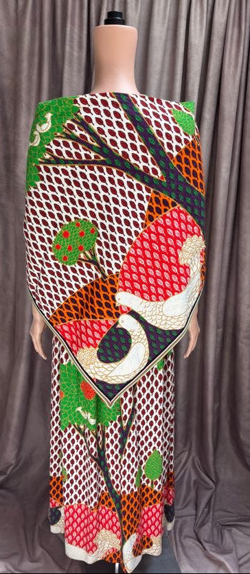 Red Sleeveless and Printed Skirt Dress | Matching Shawl |Vintage 70s