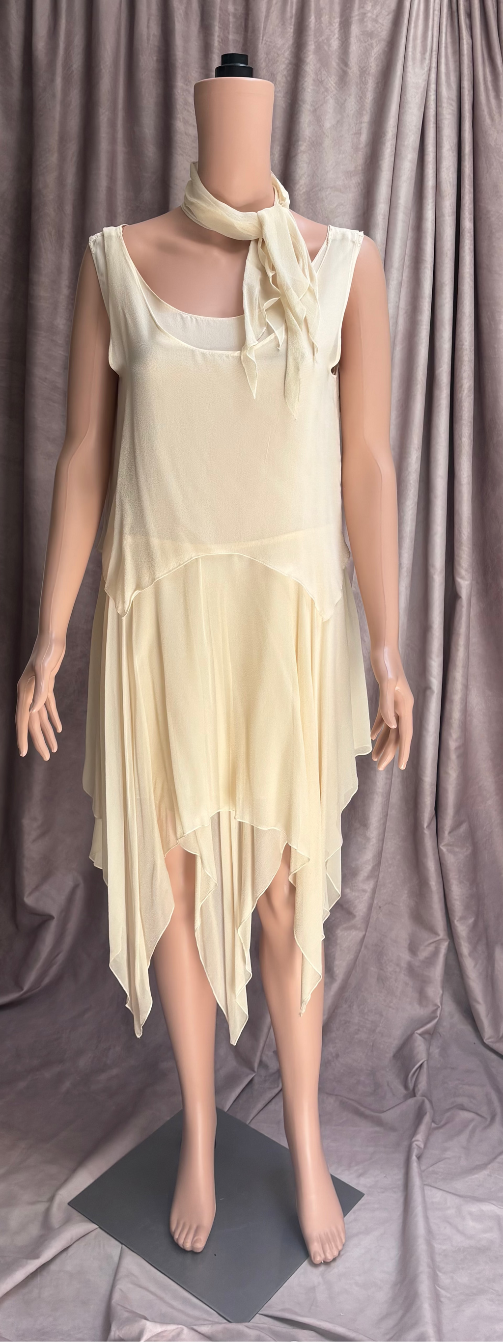 Vintage 90s | Cream Chiffon Layered Silk Dress | Matching Scarf