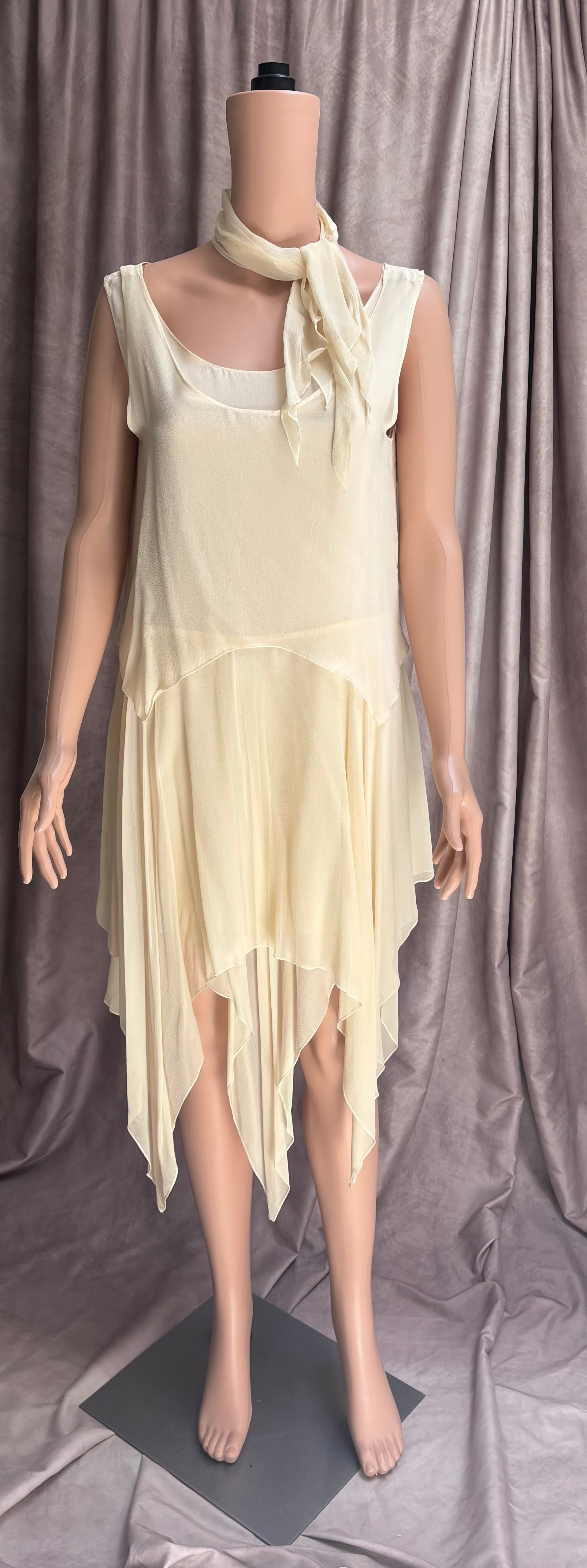 Vintage 90s | Cream Chiffon Layered Silk Dress | Matching Scarf