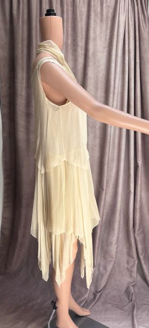 Vintage 90s | Cream Chiffon Layered Silk Dress | Matching Scarf