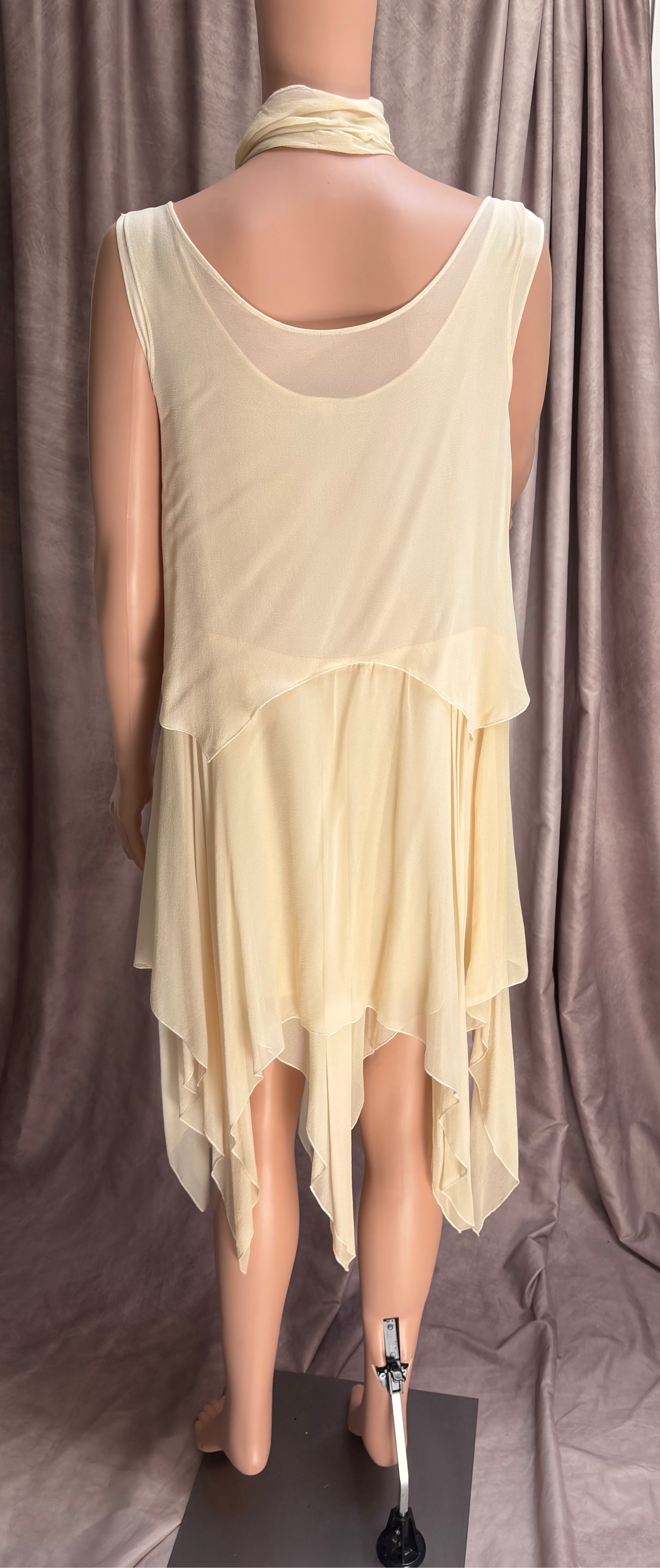 Vintage 90s | Cream Chiffon Layered Silk Dress | Matching Scarf
