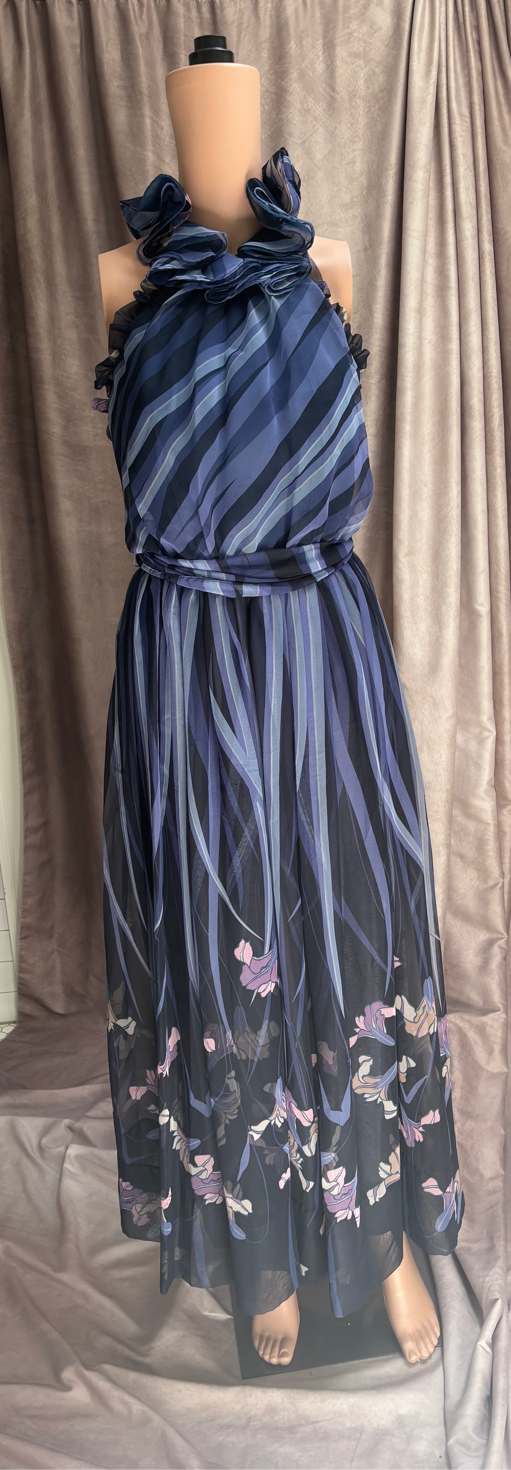 Navy Blue Floral Chiffon Maxi Dress