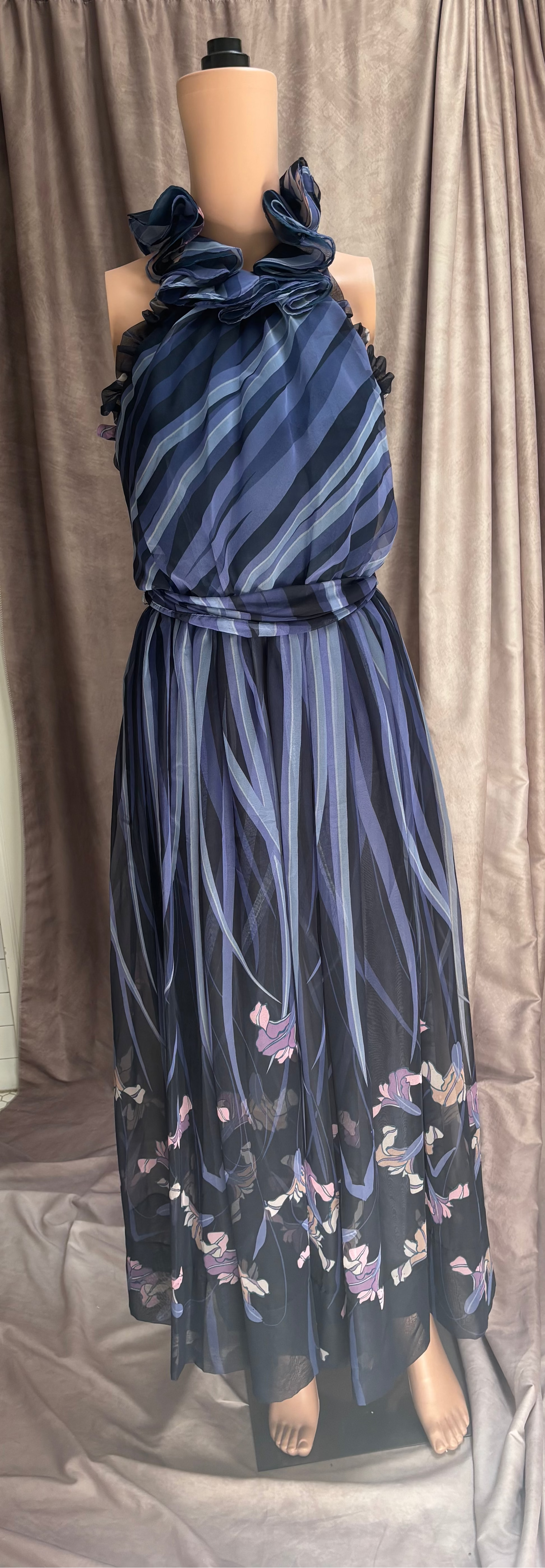 Navy Blue Floral Chiffon Maxi Dress