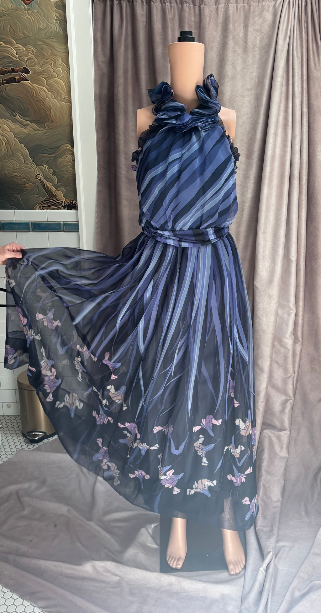 Navy Blue Floral Chiffon Maxi Dress