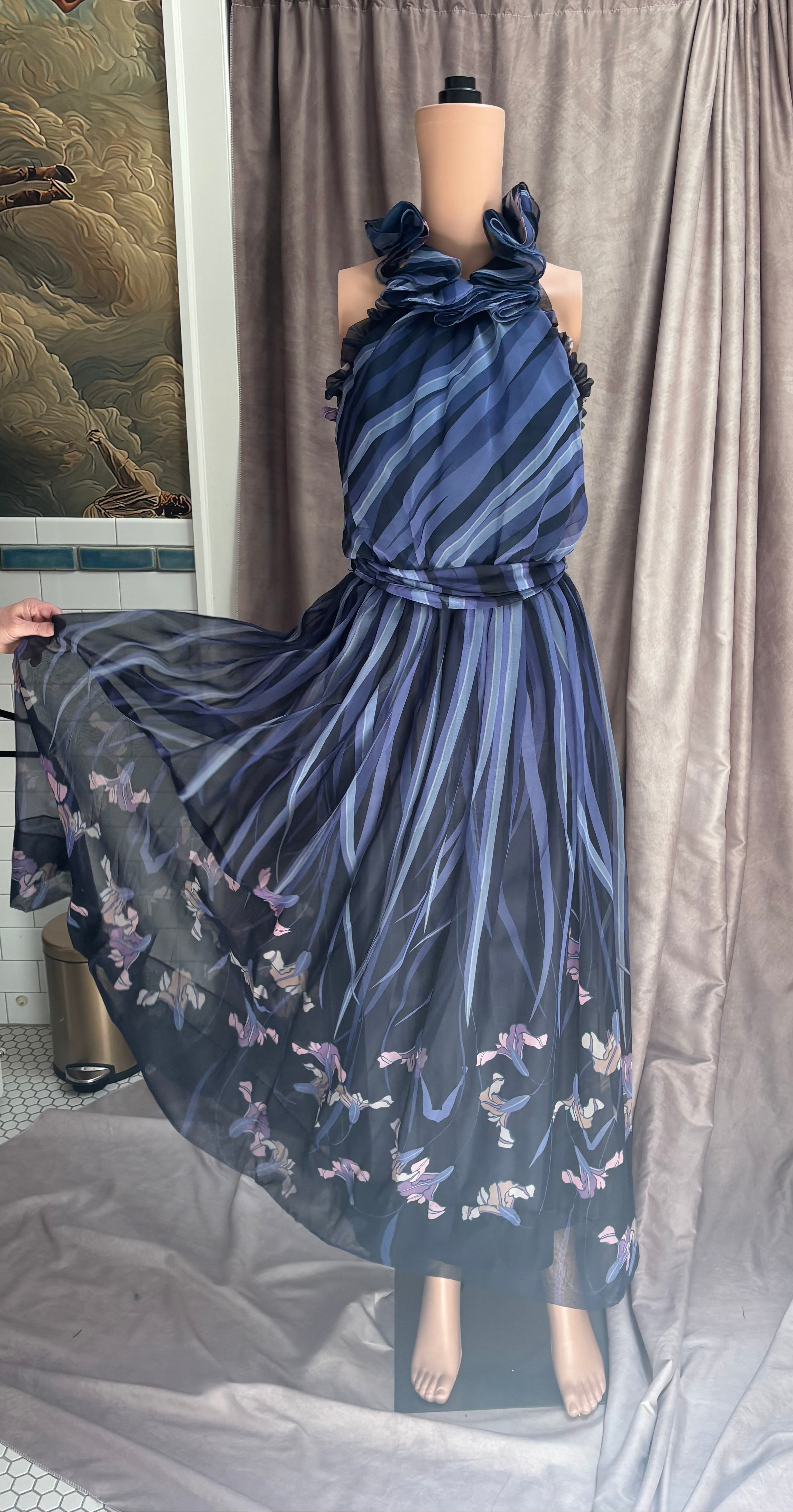 Navy Blue Floral Chiffon Maxi Dress