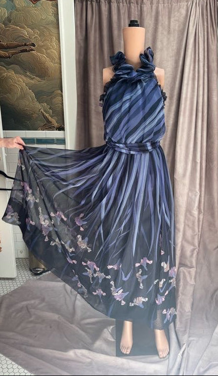 Navy Blue Floral Chiffon Maxi Dress