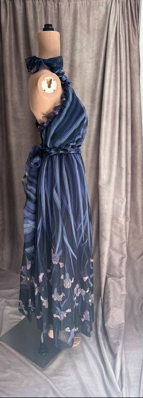 Navy Blue Floral Chiffon Maxi Dress